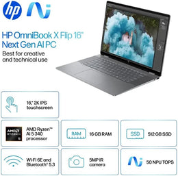 HP - OmniBook X Flip 2-in-1 - 16-ar0013dx 2K(1920x1200) Touch-Screen IPS LED Laptop - AMD Ryzen AI 5 340 2025 - 16GB Memory - 512GB SSD - Meteor Silver (B5UJ4UA#ABA)(198990145457) BRAND NEW