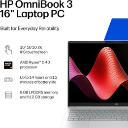 HP OmniBook 3 16-by0205dx inch Laptop PC, 2K Touchscreen, AMD Ryzen 5 40, 16 GB RAM, 256 GB SSD, AMD Radeon 610M GPU, Windows 11, Glacier Silver, D10E8UA, 199896019644 BRAND NEW